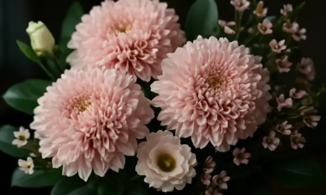 En bukett med rosa snittblommor, inklusive stora, fluffiga blommor och mindre, delikata blommor, samt en vit ros.