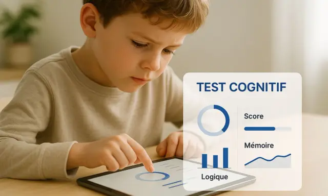 Un enfant concentré sur une tablette, effectuant un test cognitif. Il ressemble à un petit zèbre, explorant son potentiel.