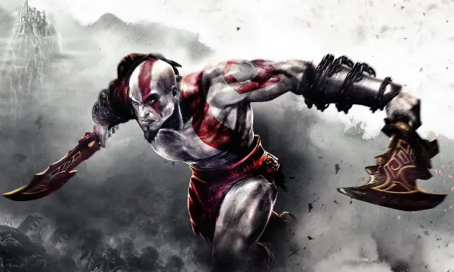Kratos z God of War 2 w akcji, z ostrzami chaosu i toporem w rękach, na tle mglistych gór i zamku.