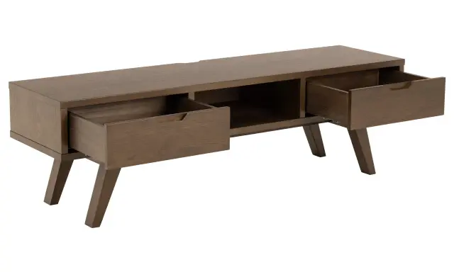 Mörkbrun tv möbel från IKEA med två utdragna lådor och öppen förvaring.