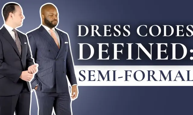 Two men in suits stand side-by-side, with text overlaying the image defining "SEMI-FORMAL" dress codes.