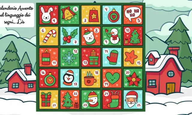 Un colorato calendario avvento interattivo con 25 caselle, ognuna con un simbolo natalizio e un numero. Sullo sfondo, casette innevate e alberi.