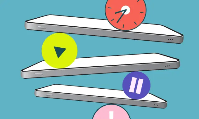 Trois téléphones empilés, symbolisant comment arrêter les écrans. Icônes de lecture, pause et horloge.