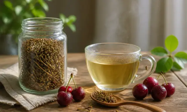 Infusion de queue de cerise, ses bienfaits pour la santé sont reconnus. Une tasse fumante à côté d'un bocal rempli de queues de cerises séchées.