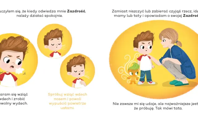 Chłopiec uczy się, jak nie być zazdrosnym: ćwiczy spokojne oddechy i rozmawia z mamą.