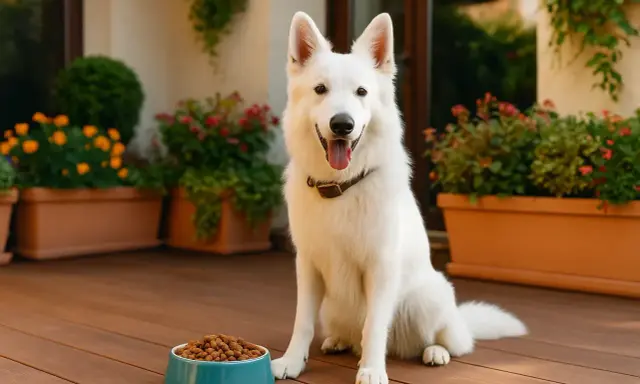 Berger blanc suisse attendant patiemment ses croquettes.