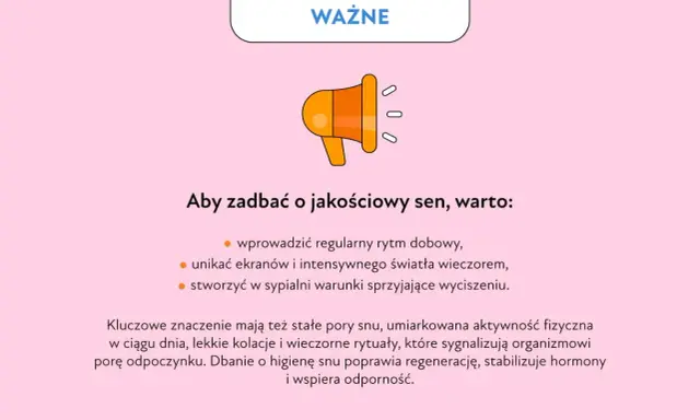 Grafika z megafonem i tekstem o higienie snu. Kluczowe dla regeneracji i odporności są stałe pory snu, by uniknąć problemów z drzemką.