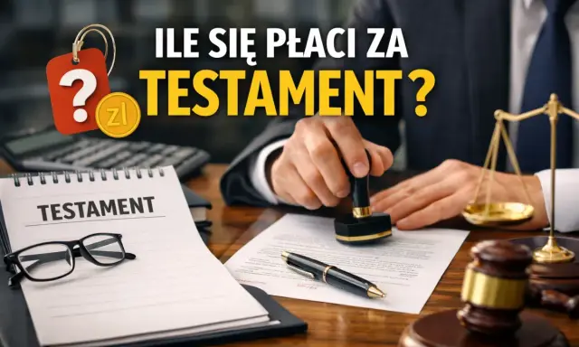 Ile kosztuje spisanie testamentu u notariusza? Na biurku notariusza dokument, pieczęć, waga sprawiedliwości i okulary.