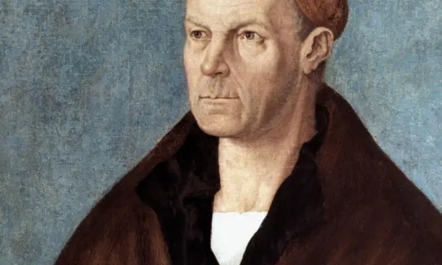 Porträt von Hans Fugger, einem wohlhabenden Kaufmann, mit ernstem Blick und braunem Mantel vor blauem Hintergrund.