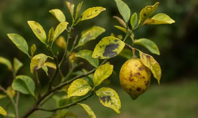 Un citronnier aux **oranger feuilles jaunes** et tachées de noir, avec un fruit mûr pendant à une branche.