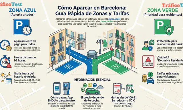 Guía de pago zona azul Barcelona: aparcamiento para todos, ideal para estancias cortas. Límite 1-2h. Gratis fuera horario regulado.