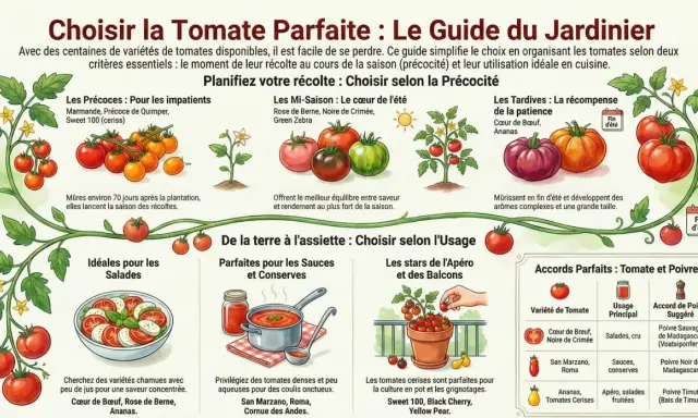 Guide du jardinier pour choisir la tomate parfaite, planifiez votre récolte et découvrez les variétés idéales pour salades, sauces, apéros et plus.