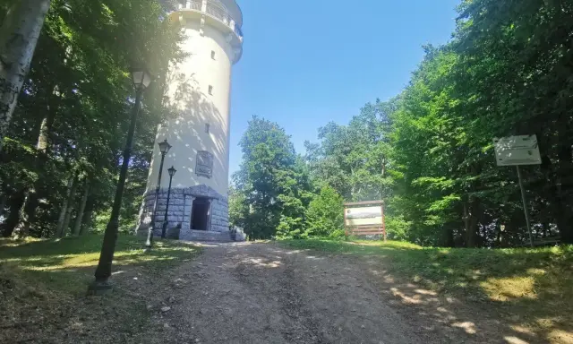 Wieża widokowa na grzybek jelenia góra, otoczona zielenią, z tablicami informacyjnymi i latarniami.