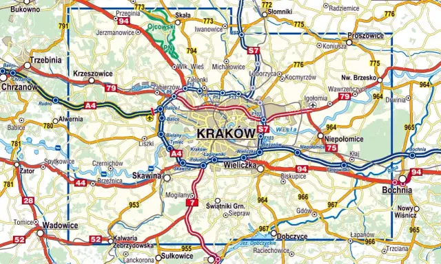 Mapa pokazuje Kraków i okoliczne miejscowości, takie jak Olkusz, Trzebinia, Alwernia, Skawina, Wieliczka, Niepołomice, Bochnia, Myślenice.