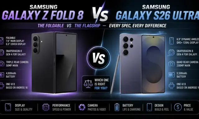 Porównanie Samsung Galaxy Z Fold 8 i Galaxy S26 Ultra. Dowiedz się, jaki jest najnowszy Samsung, który lepiej spełni Twoje potrzeby.