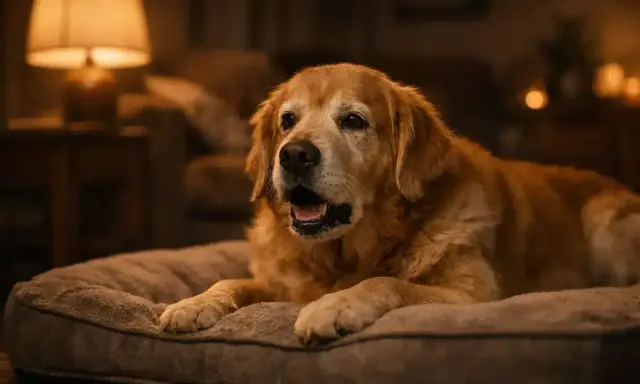Un vieux chien golden retriever, allongé sur son coussin, semble avoir un **chien qui tousse**. La lumière tamisée d'une lampe crée une atmosphère chaleureuse.