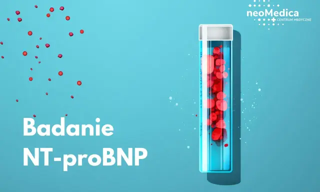 Badanie NT-proBNP w probówce z czerwonymi kroplami. NeoMedica Centrum Medyczne.