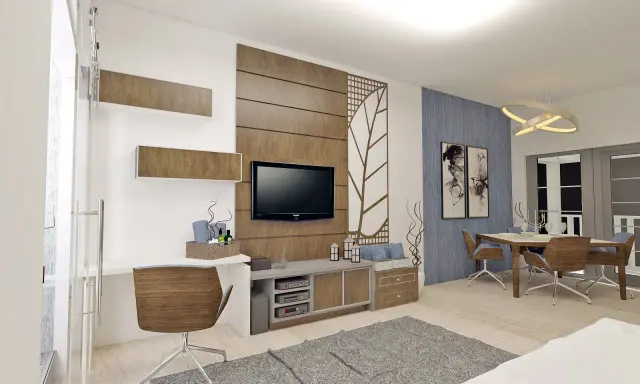 Un soggiorno moderno con scrivania, TV e zona pranzo. Il marrone e il grigio stanno bene insieme, creando un'atmosfera accogliente.