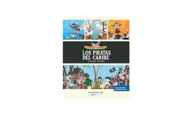 Ilustración de "Los Piratas del Caribe" con escenas animadas y texto que indica "piratas del caribe edad recomendada".