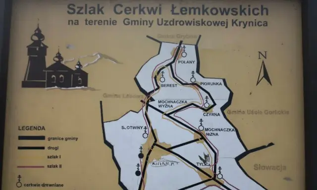 Mapa szlaku cerkwi łemkowskich w gminie Krynica. Widoczne nazwy miejscowości: Polany, Berest, Piorunka, Tylicz.