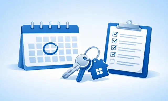 Un calendrier avec une date marquée, des clés et une liste de contrôle, symbolisant la planification de la date d'état des lieux de sortie.