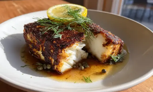 En portion rimmad torsk med krispig yta, serverad med citron, dill och kapris i en ljus sås.
