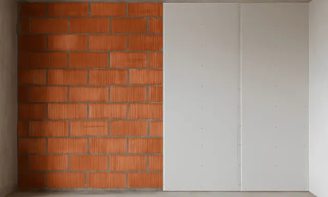 Proceso de colocar pladur sobre pared de ladrillo visto. La mitad izquierda muestra ladrillos naranjas, la derecha paneles blancos.