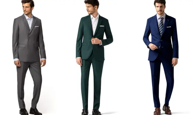 Three men dressed formally in suits: grey double-breasted, dark green, and navy blue.
