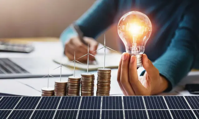 Opłata mocowa a fotowoltaika: rosnące stosy monet z wiatrakami i żarówką symbolizują inwestycje w zieloną energię.