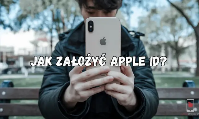 Mężczyzna trzyma iPhone'a z napisem "Jak założyć Apple ID?".