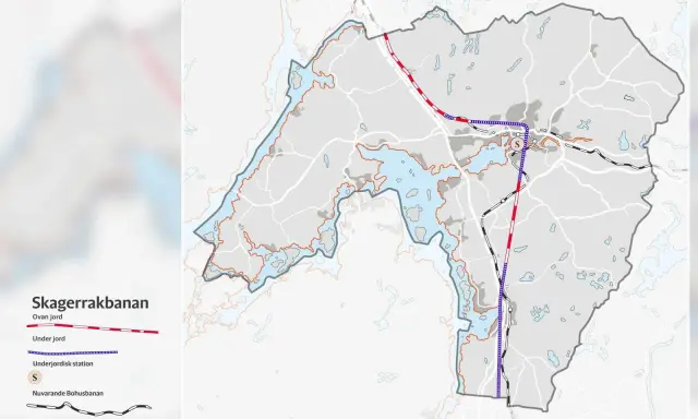 Karta över Skagerrakbanan som visar sträckningar ovan och under jord. Bohusleden syns som en linje.