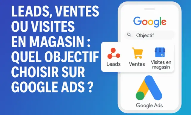 Choisir le bon objectif sur Google Ads : Leads, ventes ou visites en magasin ? L'image illustre ces options.