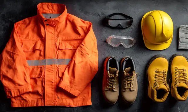 Conjunto de equipo de protección individual (EPI) para trabajo: chaqueta naranja reflectante, casco amarillo, gafas de seguridad, guantes y botas de trabajo.
