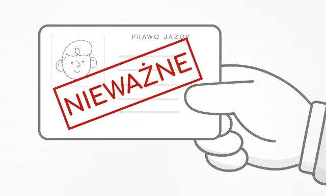 Dłoń trzyma prawo jazdy z rysunkiem twarzy i napisem "NIEWAŻNE". To symbol sytuacji, kiedy zabierają prawo jazdy.