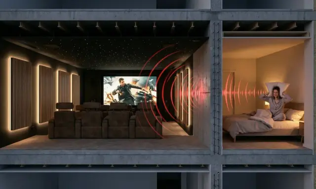 Une salle de cinéma privée avec fauteuils confortables et écran géant. À côté, une personne tente de dormir, dérangée par le bruit. Idéal pour **créer une salle de cinéma chez soi** sans déranger.