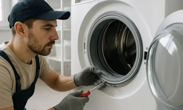 Técnico con gorra y overol trabaja en la lavadora, usando un destornillador para arreglar la goma. Se puede cambiar la goma de la lavadora.