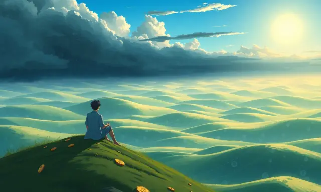 A lone figure sits on a grassy hill, contemplating the rolling landscape. Scattered coins suggest a question about how many artists are billionaires.