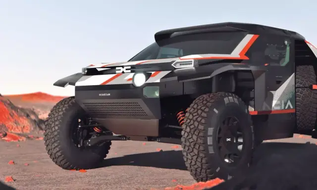 Un vehículo Dacia Dakar futurista, con diseño agresivo y neumáticos todoterreno, listo para conquistar cualquier desafío en un paisaje desértico.