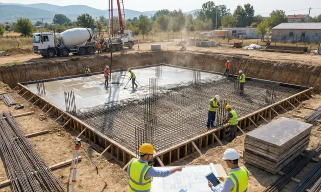 Obreros supervisan el vertido de hormigón en una obra, siguiendo el diseño de estructuras. Camión hormigonera y grúa en acción.