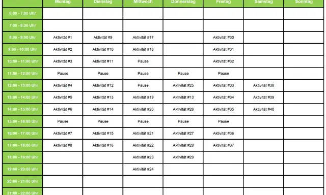 Ein detaillierter Wochenplan, der hilft, den Tag zu strukturieren. Hier kann man seinen persönlichen lernplan erstellen und Aktivitäten sowie Pausen eintragen.