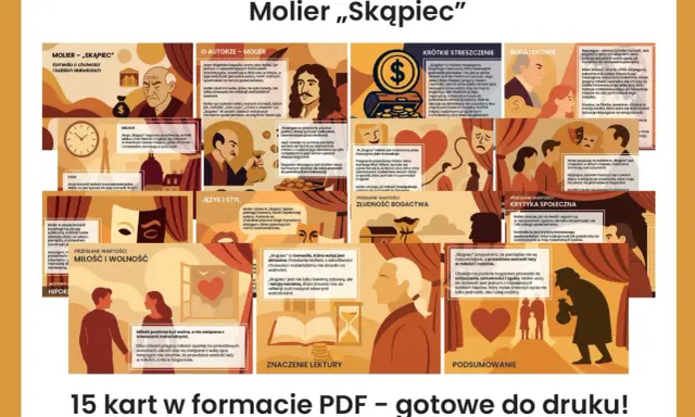 Ilustracja przedstawia kolaż grafik i tekstu dotyczących komedii Moliera "Skąpiec".