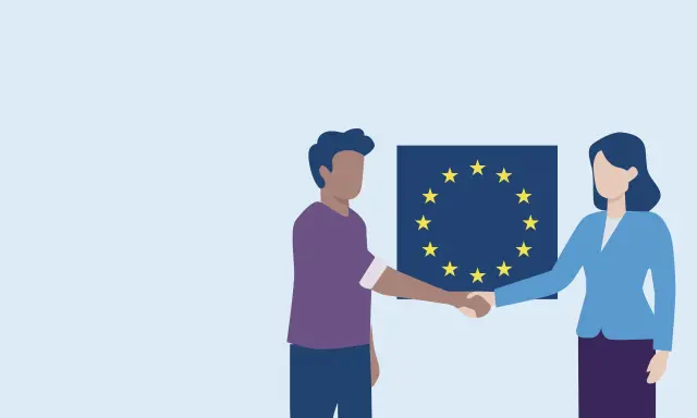 Een man en vrouw schudden handen voor de EU-vlag, symbool voor samenwerking in het vluchtelingenbeleid Nederland.