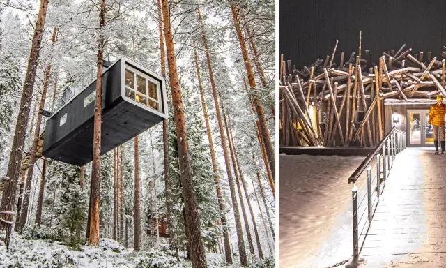Trädkoja i Harads, Sverige, svävande bland snöklädda tallar. Till höger, en bro leder till en byggnad med en unik fasad av träpinnar.