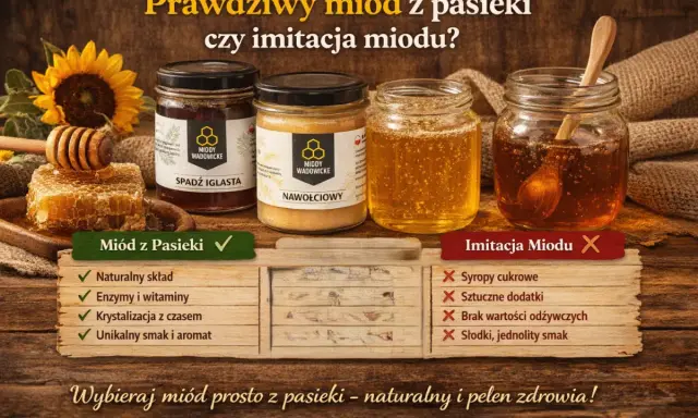Jak rozpoznać prawdziwy miód? Porównanie miodu z pasieki i imitacji: naturalny skład, enzymy, krystalizacja, smak vs. syropy, dodatki, brak wartości.