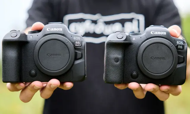 Dwie lustrzanki Canon EOS R6 Mark II w rękach. Sprawdź atrakcyjną canon eos r6 cena.