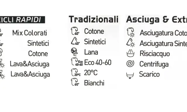 Tabella simboli lavaggio lavatrice italiano: cicli rapidi, tradizionali e asciugatura. Indica programmi per cotone, sintetici, lana e lavaggio/asciugatura.