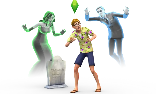 Przerażony Sim w hawajskiej koszuli próbuje dowiedzieć się, jak przywołać ducha w The Sims 4, podczas gdy dwa zjawy groźnie się do niego zbliżają.