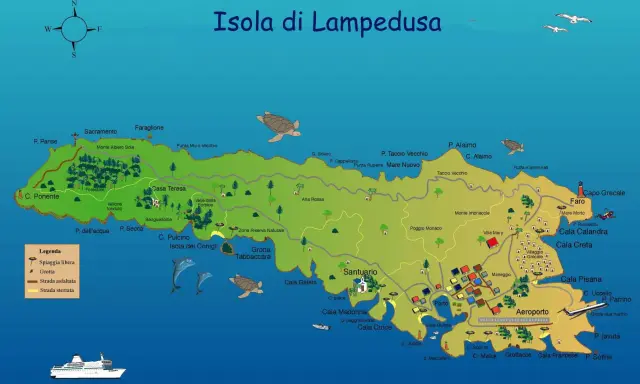Mappa illustrata dell'isola presso Lampedusa, con spiagge, grotte, sentieri e luoghi d'interesse.