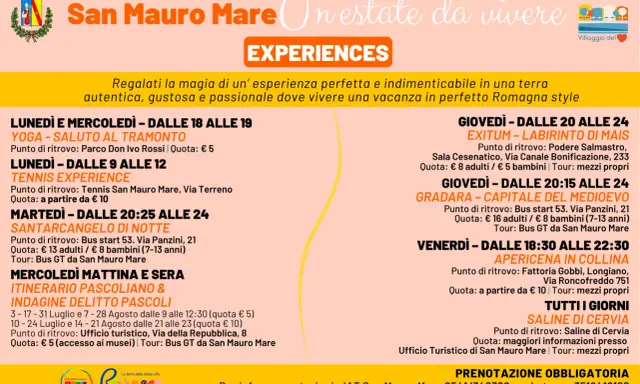Programma "Experiences" a San Mauro Mare: yoga, tennis, escursioni e apericena per un'estate indimenticabile.