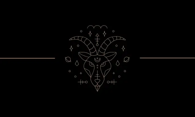 Tête de chèvre stylisée, ornée de symboles cosmiques et astrologiques. Le symbole capricorne, entouré d'étoiles et de planètes, évoque la magie céleste.